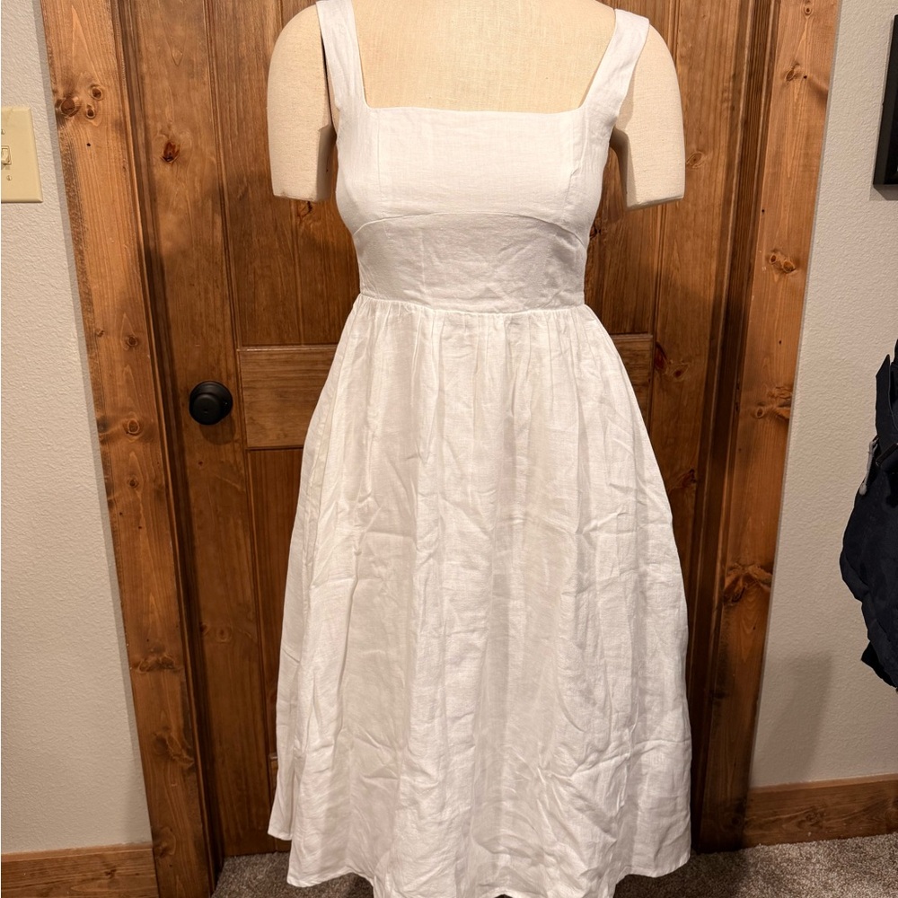 Quince White Midi Linen Fit & Flare Dress